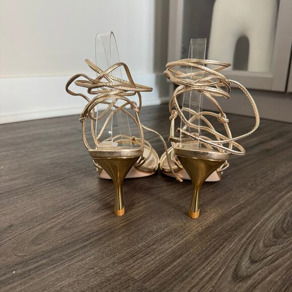 Reformation Gemma Lace Up Sandals NEW Gold Foil Metallic Leather Tie Heels 8 - Picture 6 of 9